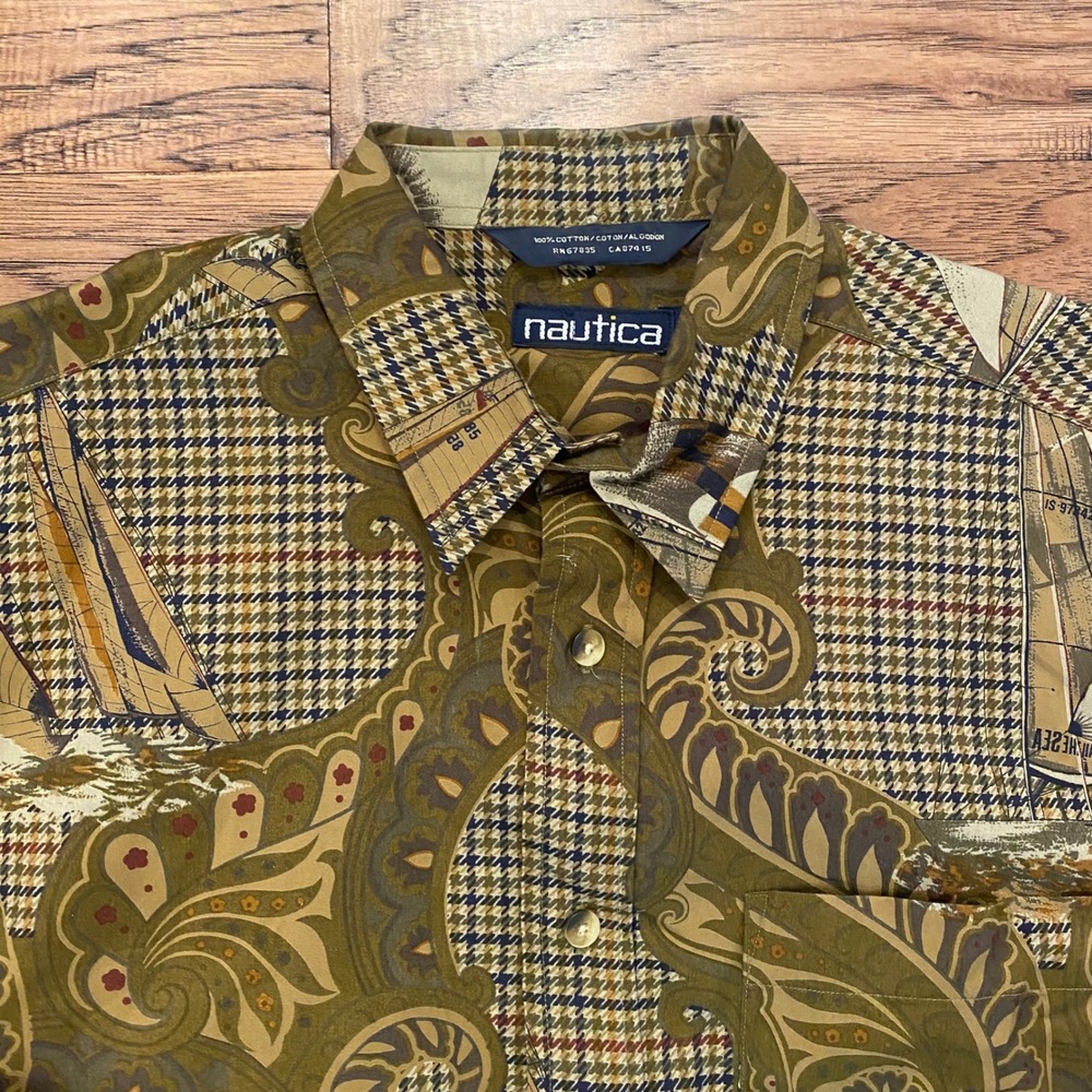Nautica Button Down Shirt Mens Medium Green Paisley Sailboat Houndstooth Print